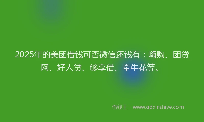2025年的美团借钱可否微信还钱有：嗨购、团贷网、好人贷、够享借、牵牛花等。