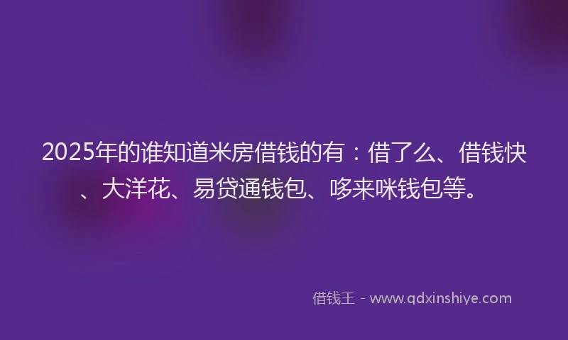 2025年的谁知道米房借钱的有：借了么、借钱快、大洋花、易贷通钱包、哆来咪钱包等。
