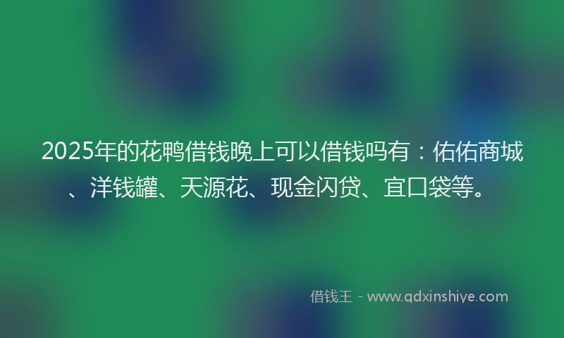 2025年的花鸭借钱晚上可以借钱吗有：佑佑商城、洋钱罐、天源花、现金闪贷、宜口袋等。