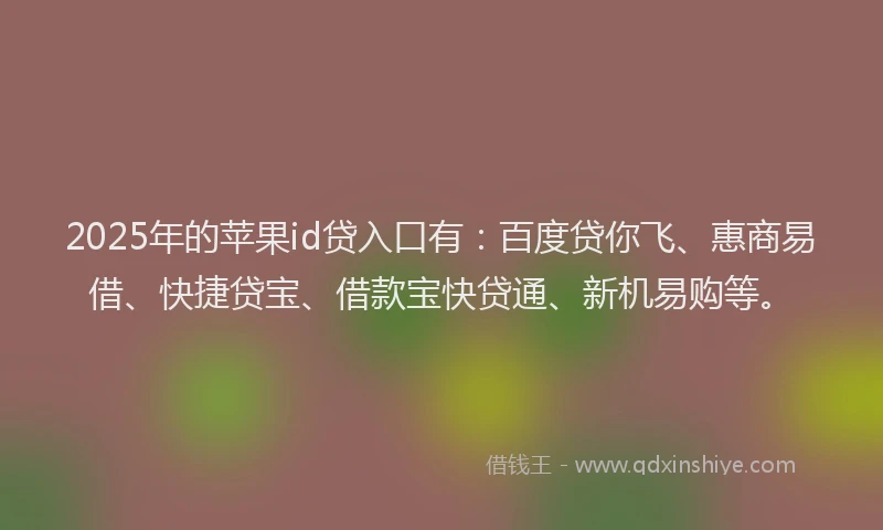2025年的苹果id贷入口有：百度贷你飞、惠商易借、快捷贷宝、借款宝快贷通、新机易购等。