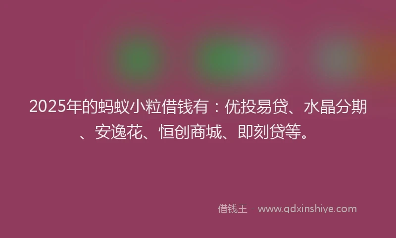 2025年的蚂蚁小粒借钱有：优投易贷、水晶分期、安逸花、恒创商城、即刻贷等。
