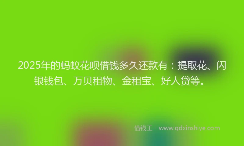 2025年的蚂蚁花呗借钱多久还款有：提取花、闪银钱包、万贝租物、金租宝、好人贷等。