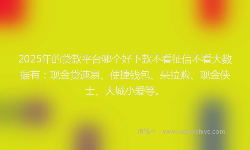 2025年的贷款平台哪个好下款不看征信不看大数据有：现金贷速易、便捷钱包、朵拉购、现金侠士、大城小爱等。