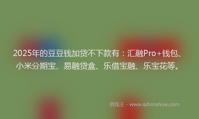 2025年的豆豆钱加贷不下款有：汇融Pro+钱包、小米分期宝、易融贷盒、乐借宝融、乐宝花等。