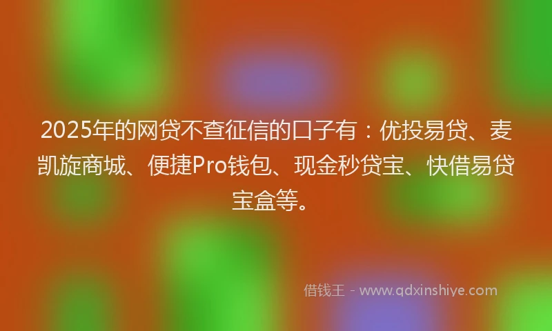 2025年的网贷不查征信的口子有：优投易贷、麦凯旋商城、便捷Pro钱包、现金秒贷宝、快借易贷宝盒等。