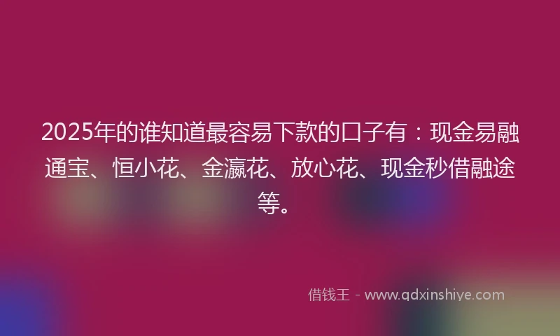 2025年的谁知道最容易下款的口子有：现金易融通宝、恒小花、金瀛花、放心花、现金秒借融途等。