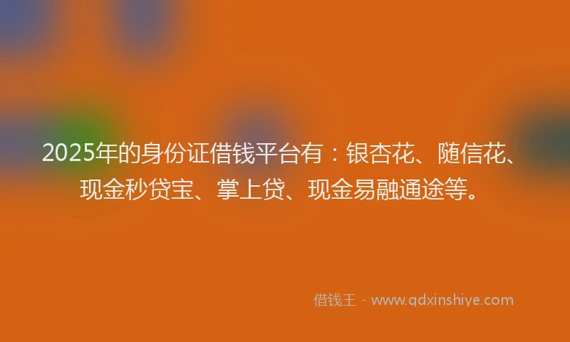 2025年的身份证借钱平台有：银杏花、随信花、现金秒贷宝、掌上贷、现金易融通途等。
