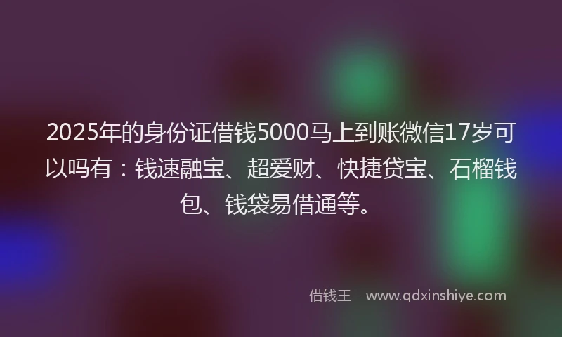 2025年的身份证借钱5000马上到账微信17岁可以吗有：钱速融宝、超爱财、快捷贷宝、石榴钱包、钱袋易借通等。