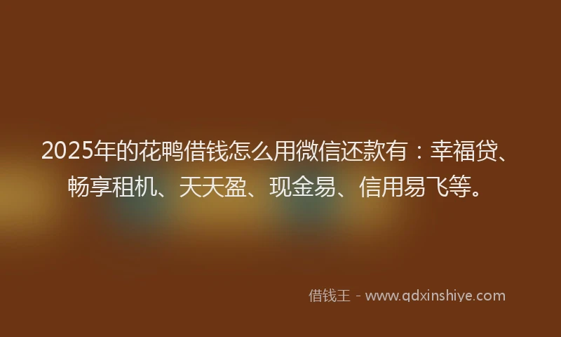 2025年的花鸭借钱怎么用微信还款有：幸福贷、畅享租机、天天盈、现金易、信用易飞等。