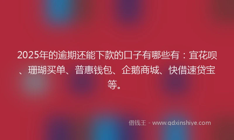 2025年的逾期还能下款的口子有哪些有：宜花呗、珊瑚买单、普惠钱包、企鹅商城、快借速贷宝等。
