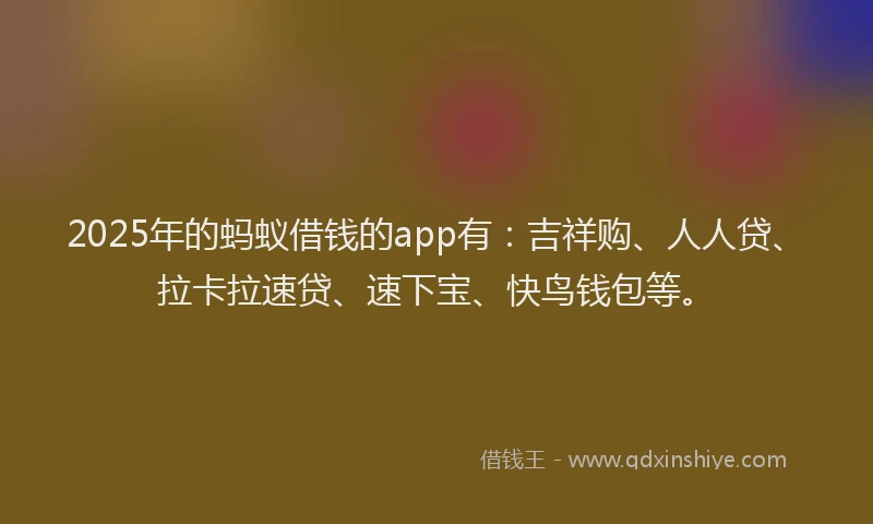 2025年的蚂蚁借钱的app有：吉祥购、人人贷、拉卡拉速贷、速下宝、快鸟钱包等。