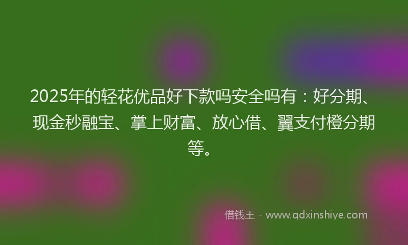 2025年的轻花优品好下款吗安全吗有：好分期、现金秒融宝、掌上财富、放心借、翼支付橙分期等。
