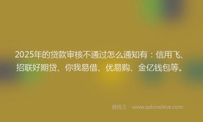 2025年的贷款审核不通过怎么通知有：信用飞、招联好期贷、你我易借、优易购、金亿钱包等。