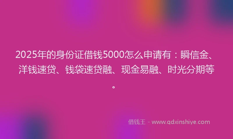 2025年的身份证借钱5000怎么申请有：瞬信金、洋钱速贷、钱袋速贷融、现金易融、时光分期等。