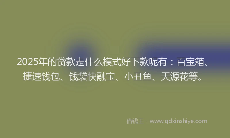 2025年的贷款走什么模式好下款呢有：百宝箱、捷速钱包、钱袋快融宝、小丑鱼、天源花等。