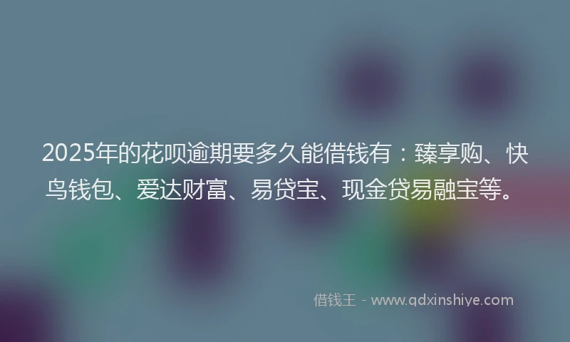 2025年的花呗逾期要多久能借钱有：臻享购、快鸟钱包、爱达财富、易贷宝、现金贷易融宝等。