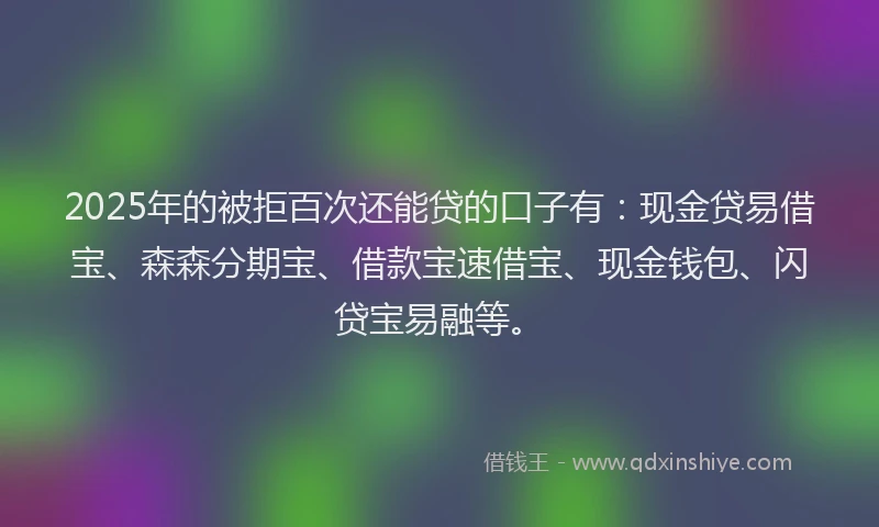 2025年的被拒百次还能贷的口子有：现金贷易借宝、森森分期宝、借款宝速借宝、现金钱包、闪贷宝易融等。