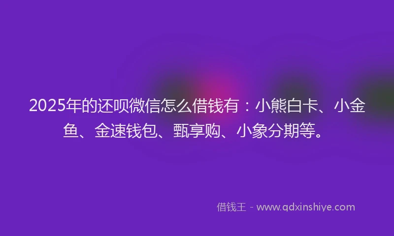 2025年的还呗微信怎么借钱有：小熊白卡、小金鱼、金速钱包、甄享购、小象分期等。