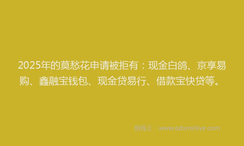 2025年的莫愁花申请被拒有：现金白鸽、京享易购、鑫融宝钱包、现金贷易行、借款宝快贷等。