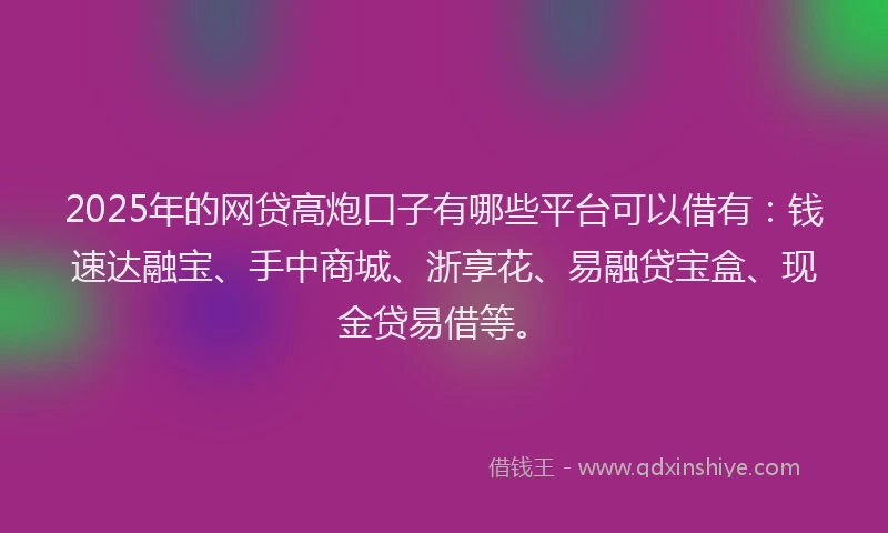 2025年的网贷高炮口子有哪些平台可以借有：钱速达融宝、手中商城、浙享花、易融贷宝盒、现金贷易借等。