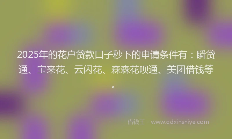 2025年的花户贷款口子秒下的申请条件有：瞬贷通、宝来花、云闪花、森森花呗通、美团借钱等。
