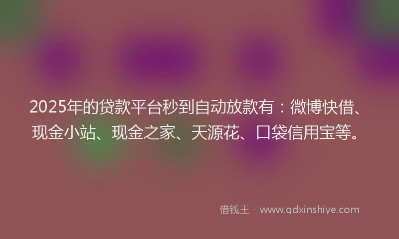 2025年的贷款平台秒到自动放款有：微博快借、现金小站、现金之家、天源花、口袋信用宝等。
