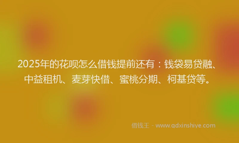 2025年的花呗怎么借钱提前还有：钱袋易贷融、中益租机、麦芽快借、蜜桃分期、柯基贷等。