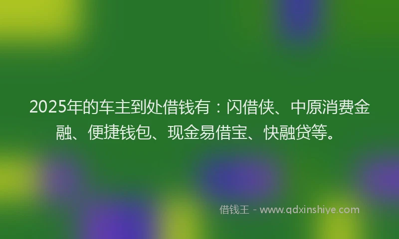 2025年的车主到处借钱有：闪借侠、中原消费金融、便捷钱包、现金易借宝、快融贷等。