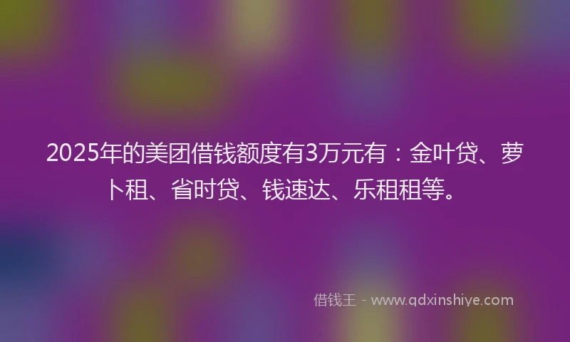 2025年的美团借钱额度有3万元有：金叶贷、萝卜租、省时贷、钱速达、乐租租等。