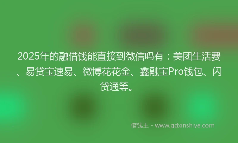 2025年的融借钱能直接到微信吗有：美团生活费、易贷宝速易、微博花花金、鑫融宝Pro钱包、闪贷通等。