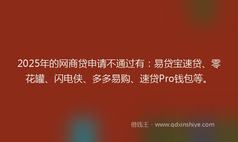 2025年的网商贷申请不通过有：易贷宝速贷、零花罐、闪电侠、多多易购、速贷Pro钱包等。