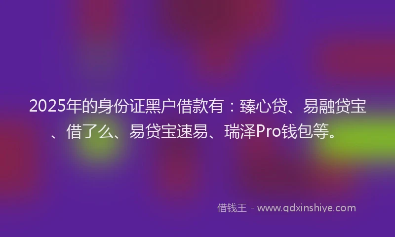 2025年的身份证黑户借款有：臻心贷、易融贷宝、借了么、易贷宝速易、瑞泽Pro钱包等。