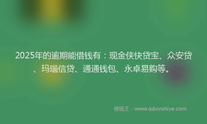 2025年的逾期能借钱有:现金侠快贷宝、众安贷、玛瑙信贷、通通钱包、永卓易购等。