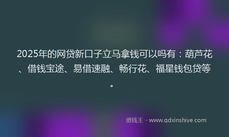 2025年的网贷新口子立马拿钱可以吗有：葫芦花、借钱宝途、易借速融、畅行花、福星钱包贷等。