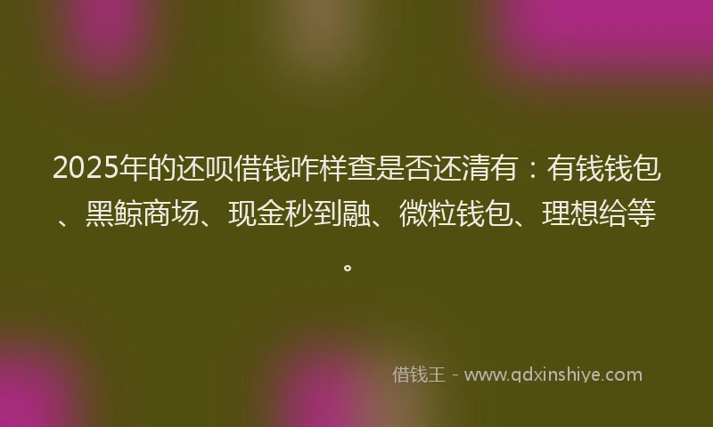 2025年的还呗借钱咋样查是否还清有：有钱钱包、黑鲸商场、现金秒到融、微粒钱包、理想给等。