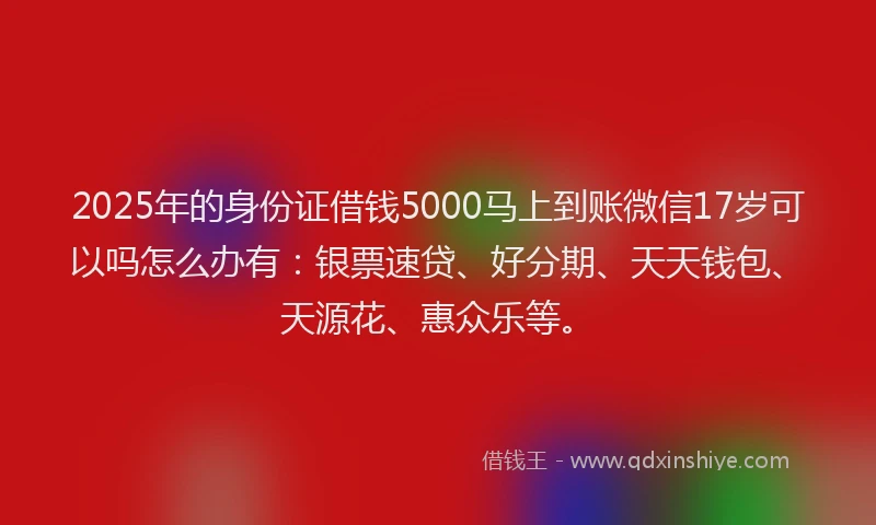 2025年的身份证借钱5000马上到账微信17岁可以吗怎么办有：银票速贷、好分期、天天钱包、天源花、惠众乐等。