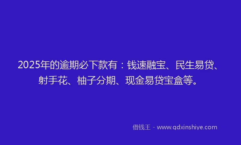2025年的逾期必下款有：钱速融宝、民生易贷、射手花、柚子分期、现金易贷宝盒等。