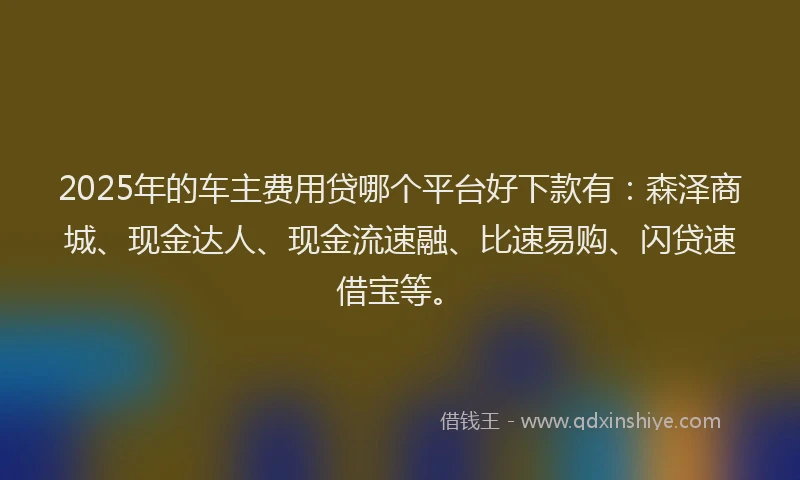 2025年的车主费用贷哪个平台好下款有：森泽商城、现金达人、现金流速融、比速易购、闪贷速借宝等。