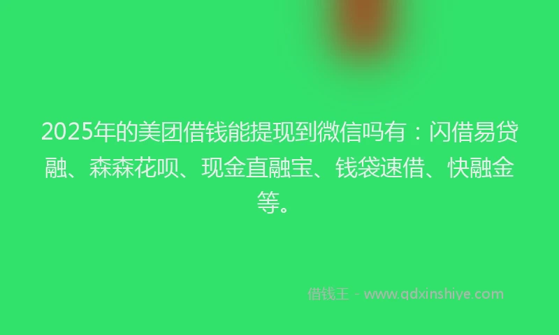 2025年的美团借钱能提现到微信吗有：闪借易贷融、森森花呗、现金直融宝、钱袋速借、快融金等。