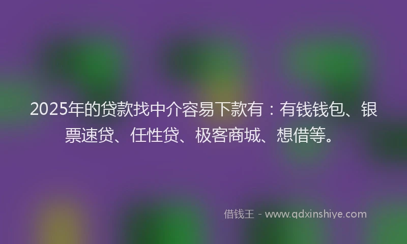 2025年的贷款找中介容易下款有：有钱钱包、银票速贷、任性贷、极客商城、想借等。