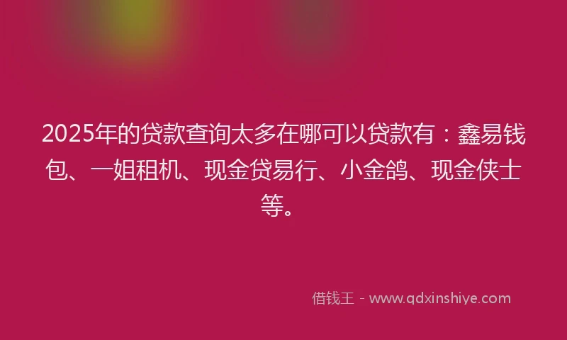 2025年的贷款查询太多在哪可以贷款有：鑫易钱包、一姐租机、现金贷易行、小金鸽、现金侠士等。