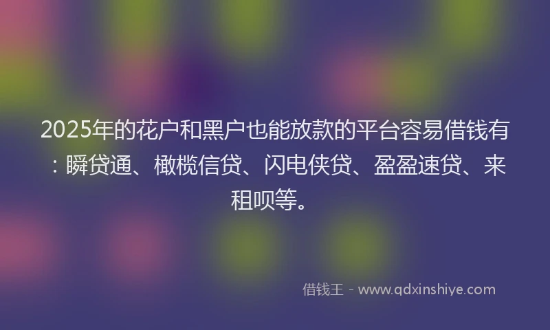 2025年的花户和黑户也能放款的平台容易借钱有：瞬贷通、橄榄信贷、闪电侠贷、盈盈速贷、来租呗等。