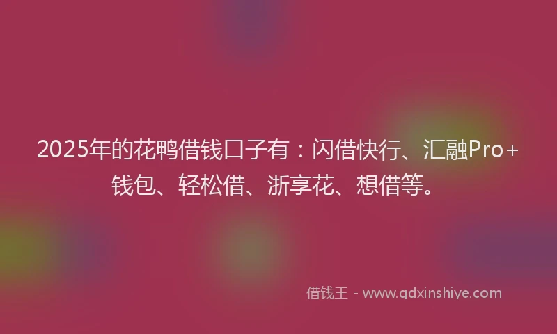 2025年的花鸭借钱口子有：闪借快行、汇融Pro+钱包、轻松借、浙享花、想借等。