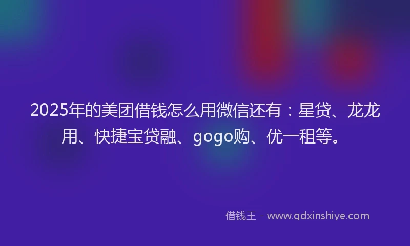2025年的美团借钱怎么用微信还有：星贷、龙龙用、快捷宝贷融、gogo购、优一租等。