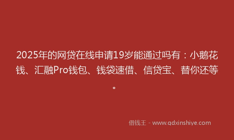 2025年的网贷在线申请19岁能通过吗有：小鹅花钱、汇融Pro钱包、钱袋速借、信贷宝、替你还等。