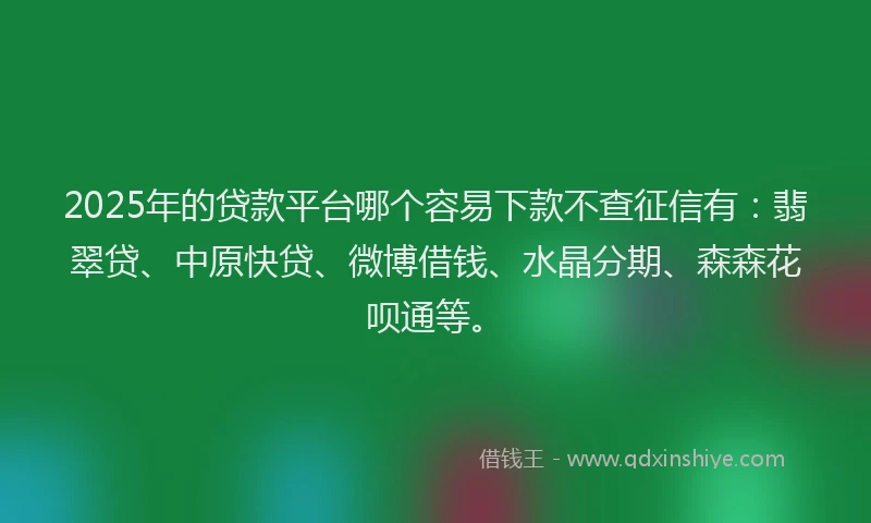 2025年的贷款平台哪个容易下款不查征信有：翡翠贷、中原快贷、微博借钱、水晶分期、森森花呗通等。