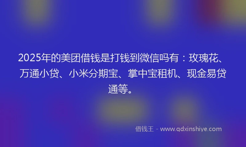 2025年的美团借钱是打钱到微信吗有:玫瑰花、万通小贷、小米分期宝、掌中宝租机、现金易贷通等。