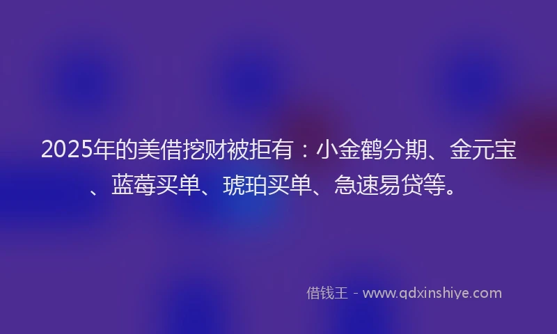 2025年的美借挖财被拒有：小金鹤分期、金元宝、蓝莓买单、琥珀买单、急速易贷等。