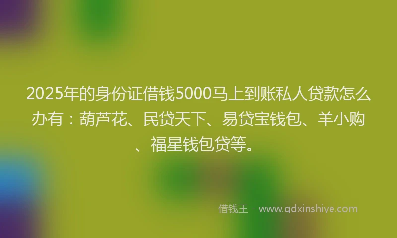 2025年的身份证借钱5000马上到账私人贷款怎么办有：葫芦花、民贷天下、易贷宝钱包、羊小购、福星钱包贷等。