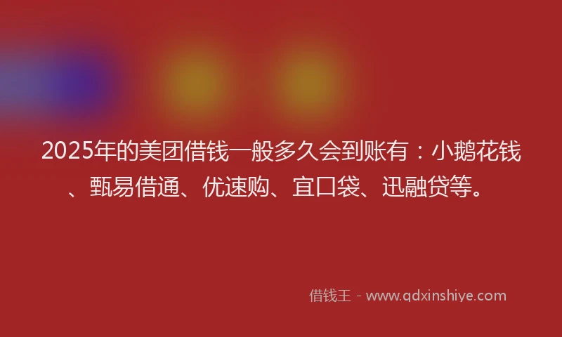 2025年的美团借钱一般多久会到账有：小鹅花钱、甄易借通、优速购、宜口袋、迅融贷等。